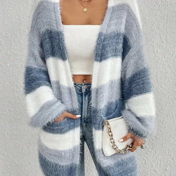Multicolor Casual Women's Colorblock Drop Shoulder Fluffy Knit Duster Cardigan - Picture 3 of 7